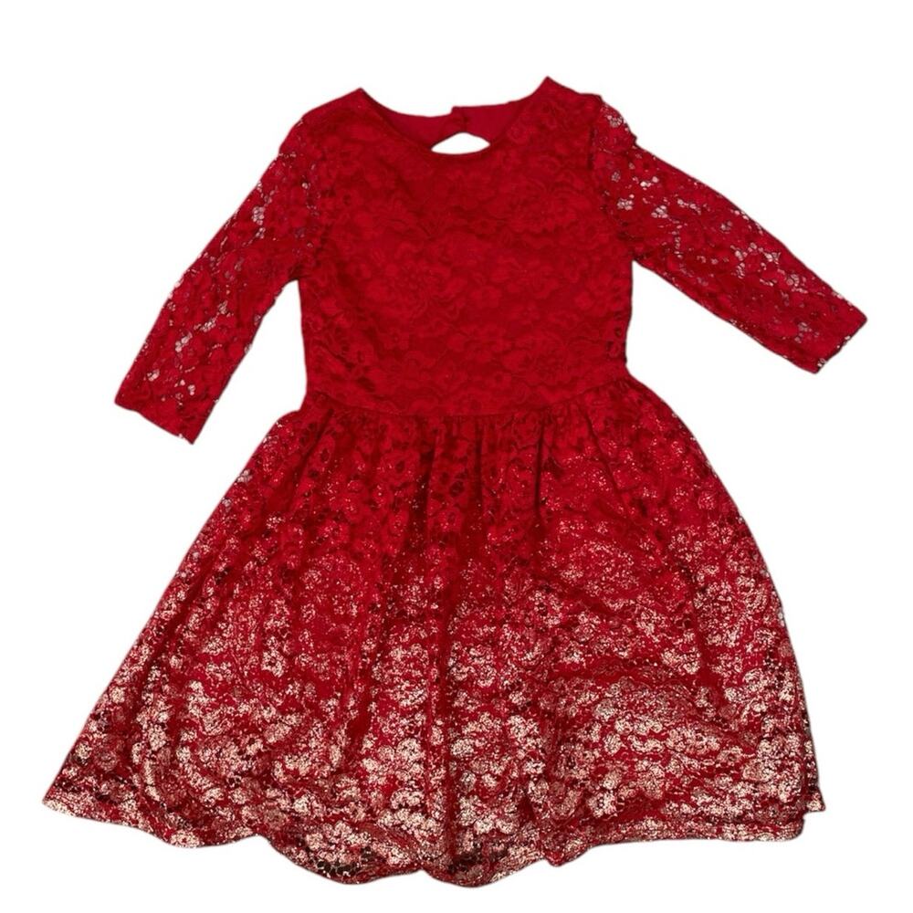Blush by US Angels Girls Red Floral Lace Metallic Gold Fit & Flare Dress Size 8